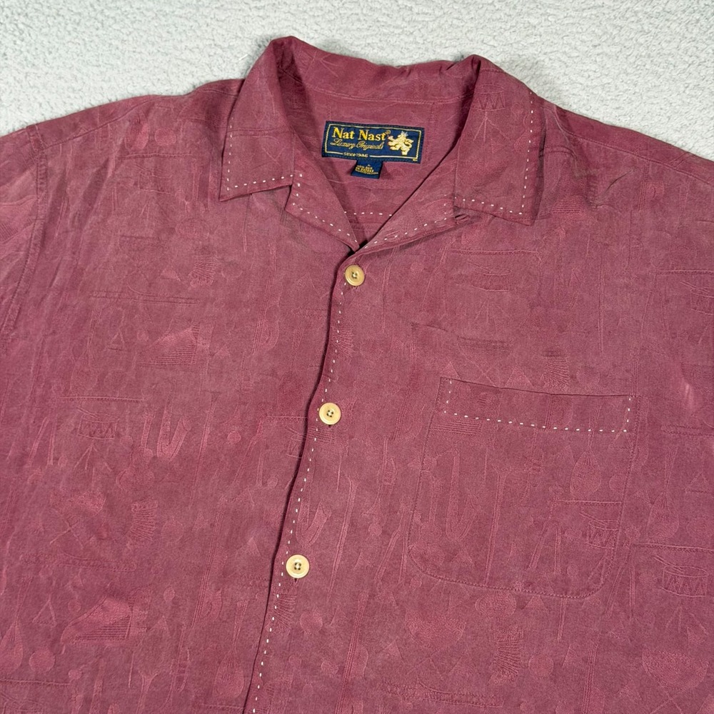 Nat Nast Shirt Mens Large Red Maroon Instruments Music 100% Silk Button Up Camp